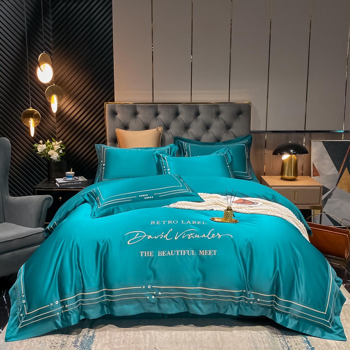 91家纺网 家纺一手货源 找家纺 欧乐蒂 新A版60亲肤水洗真丝B版纯棉四件套 奢雅-墨绿