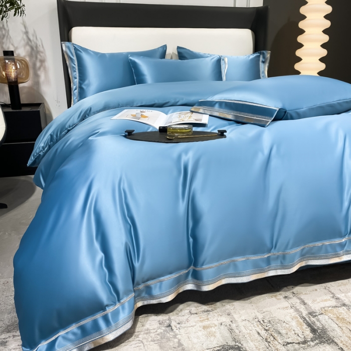 91家纺网 家纺一手货源 找家纺 欧乐蒂 2022新款双面冰丝四件套-典雅 宾利蓝