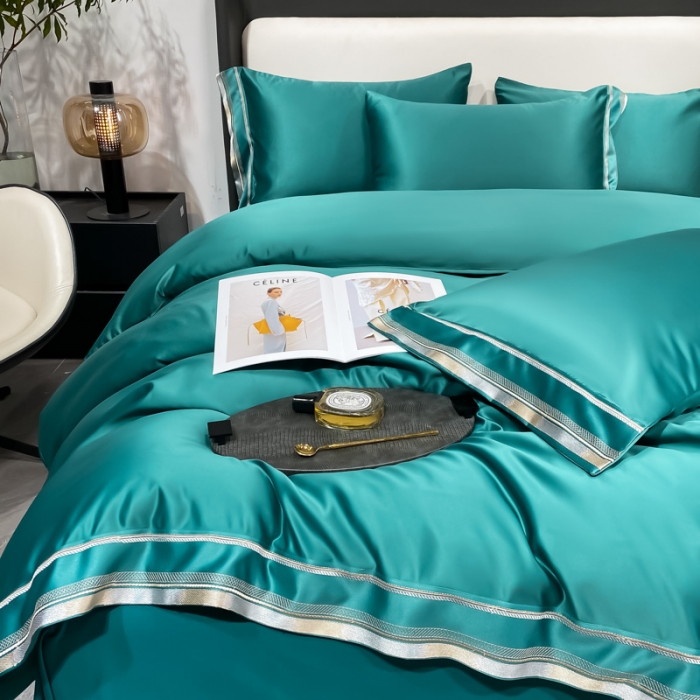 91家纺网 家纺一手货源 找家纺 欧乐蒂 2022新款双面冰丝四件套-典雅 墨绿色