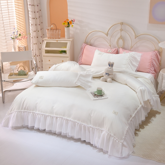 91家纺网 家纺一手货源 找家纺 艾米2025新款水洗真丝双层鱼尾边四件套-梦丽纱系列 白色