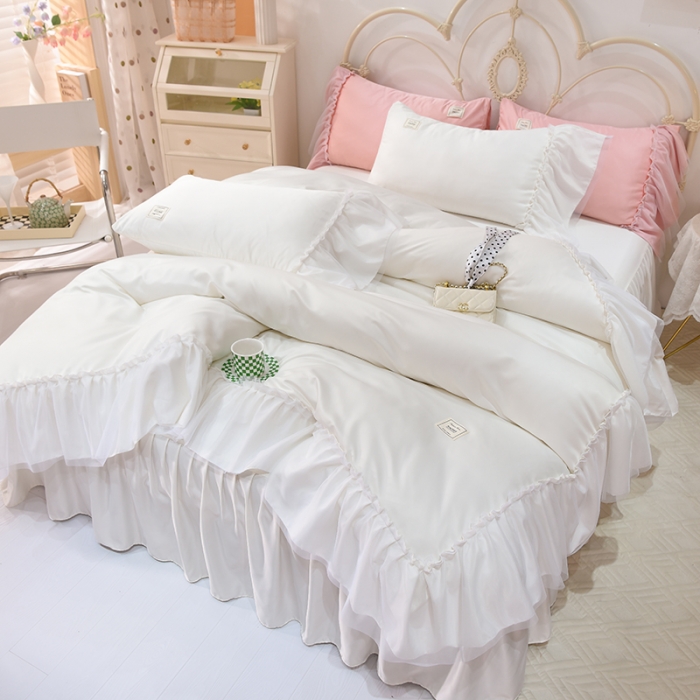 91家纺网 家纺一手货源 找家纺 艾米2025新款水洗真丝双层鱼尾边四件套-梦丽纱系列 白色