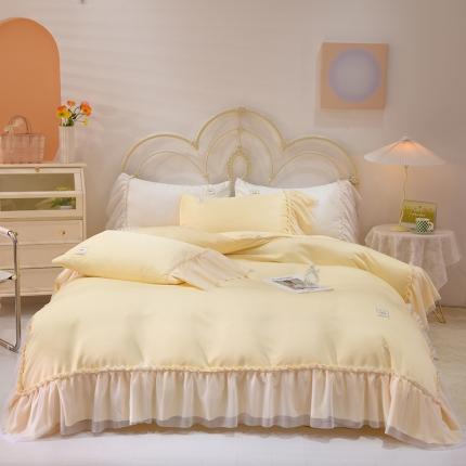 91家纺网 家纺一手货源 找家纺 艾米2025新款水洗真丝双层鱼尾边四件套-梦丽纱系列 鹅黄