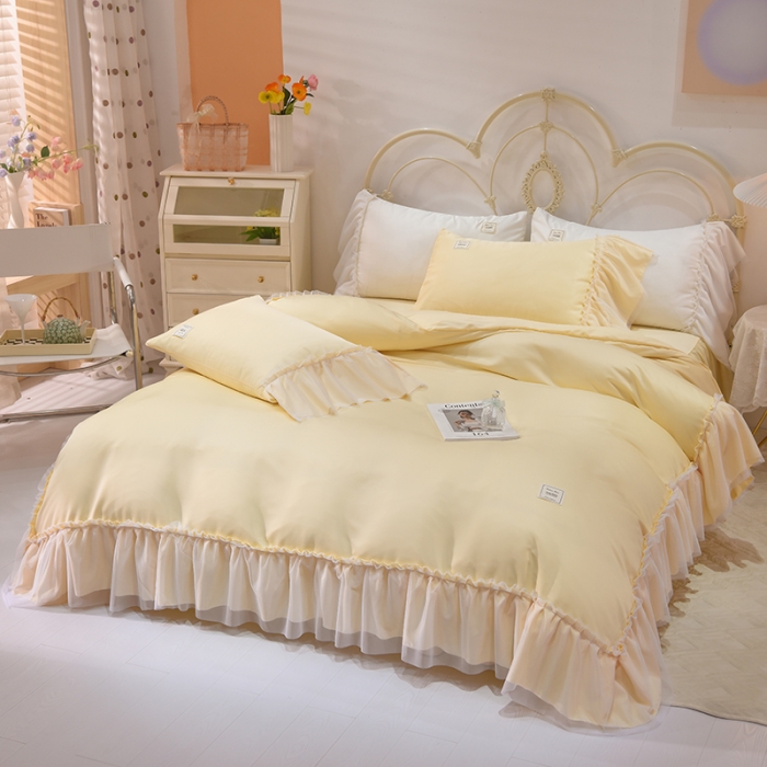 91家纺网 家纺一手货源 找家纺 艾米2025新款水洗真丝双层鱼尾边四件套-梦丽纱系列 鹅黄