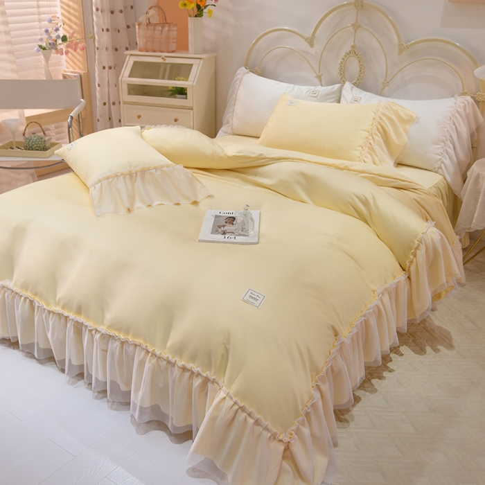 91家纺网 家纺一手货源 找家纺 艾米2025新款水洗真丝双层鱼尾边四件套-梦丽纱系列 鹅黄