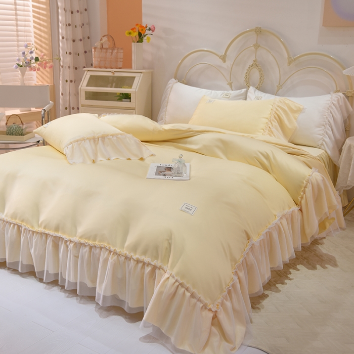 91家纺网 家纺一手货源 找家纺 艾米2025新款水洗真丝双层鱼尾边四件套-梦丽纱系列 鹅黄