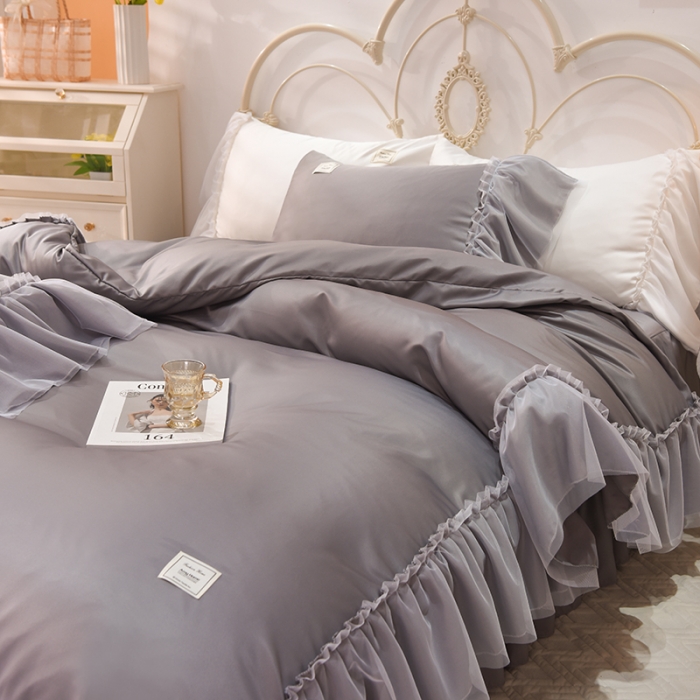 91家纺网 家纺一手货源 找家纺 艾米2022新款水洗真丝双层鱼尾边四件套-梦丽纱系列 灰色