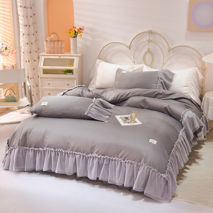 91家纺网 家纺一手货源 找家纺 艾米2022新款水洗真丝双层鱼尾边四件套-梦丽纱系列 灰色