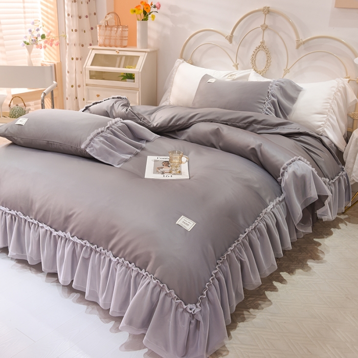 91家纺网 家纺一手货源 找家纺 艾米2022新款水洗真丝双层鱼尾边四件套-梦丽纱系列 灰色