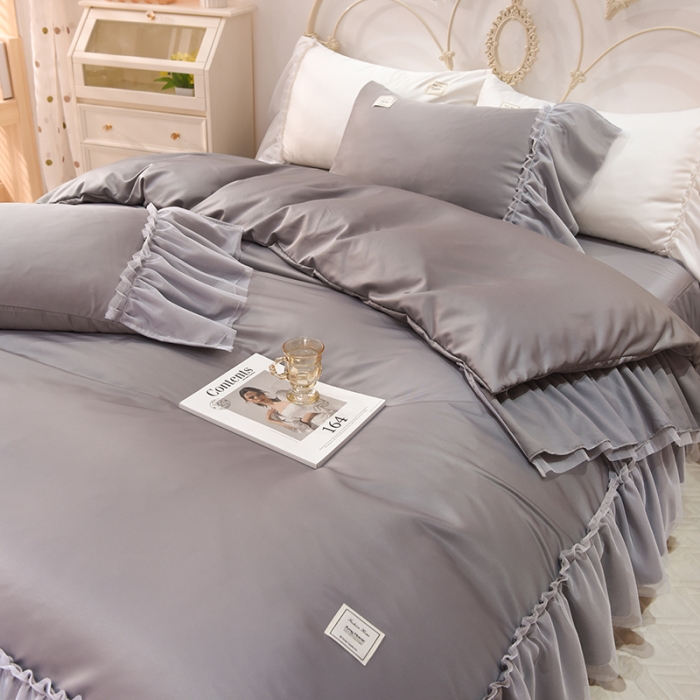 91家纺网 家纺一手货源 找家纺 艾米2022新款水洗真丝双层鱼尾边四件套-梦丽纱系列 灰色