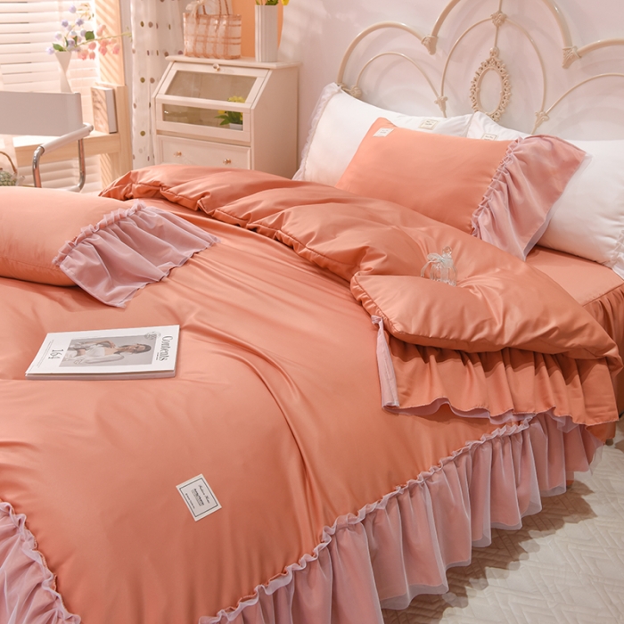 91家纺网 家纺一手货源 找家纺 艾米2025新款水洗真丝双层鱼尾边四件套-梦丽纱系列橘色