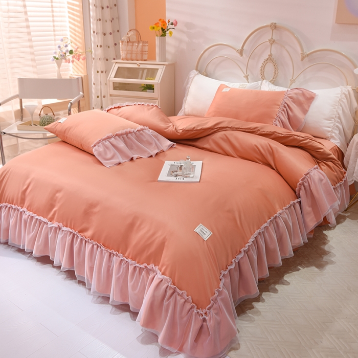 91家纺网 家纺一手货源 找家纺 艾米2025新款水洗真丝双层鱼尾边四件套-梦丽纱系列橘色