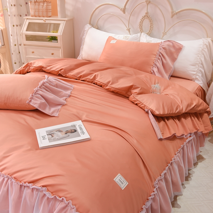 91家纺网 家纺一手货源 找家纺 艾米2025新款水洗真丝双层鱼尾边四件套-梦丽纱系列橘色