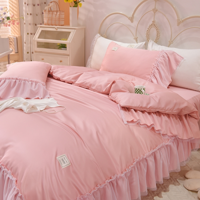 91家纺网 家纺一手货源 找家纺 艾米2025新款水洗真丝双层鱼尾边四件套-梦丽纱系列 浅豆沙