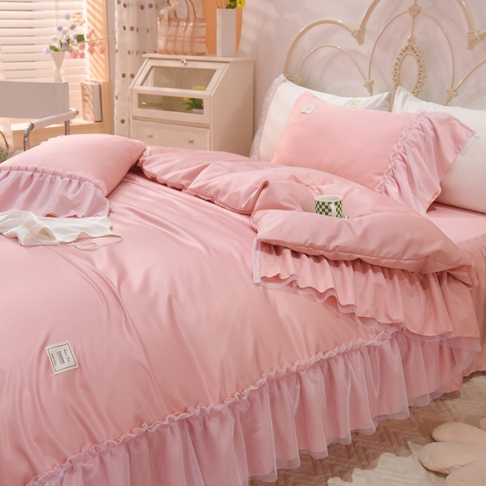 91家纺网 家纺一手货源 找家纺 艾米2025新款水洗真丝双层鱼尾边四件套-梦丽纱系列 浅豆沙