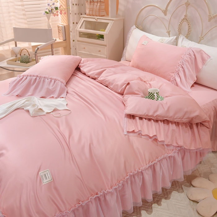 91家纺网 家纺一手货源 找家纺 艾米2025新款水洗真丝双层鱼尾边四件套-梦丽纱系列 浅豆沙