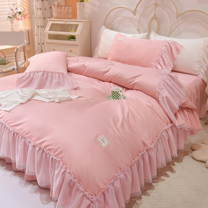 91家纺网 家纺一手货源 找家纺 艾米2025新款水洗真丝双层鱼尾边四件套-梦丽纱系列 浅豆沙