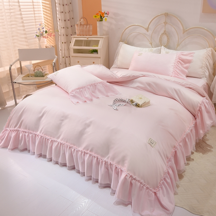 91家纺网 家纺一手货源 找家纺 艾米2025新款水洗真丝双层鱼尾边四件套-梦丽纱系列 浅粉