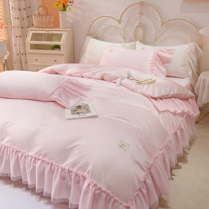 91家纺网 家纺一手货源 找家纺 艾米2025新款水洗真丝双层鱼尾边四件套-梦丽纱系列 浅粉