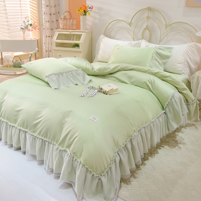 91家纺网 家纺一手货源 找家纺 艾米2025新款水洗真丝双层鱼尾边四件套-梦丽纱系列 水绿