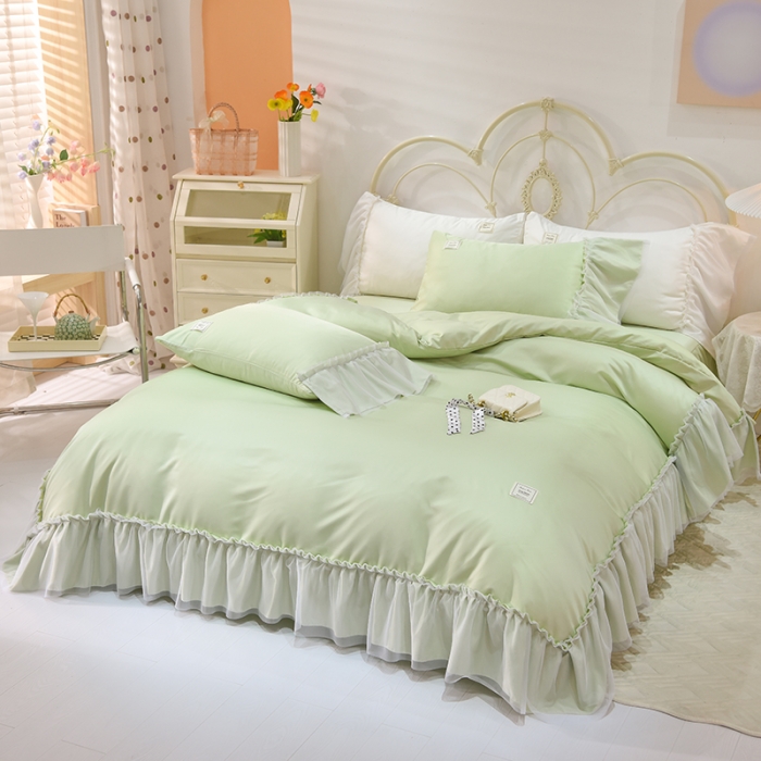 91家纺网 家纺一手货源 找家纺 艾米2025新款水洗真丝双层鱼尾边四件套-梦丽纱系列 水绿