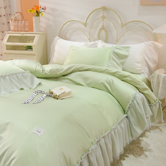 91家纺网 家纺一手货源 找家纺 艾米2025新款水洗真丝双层鱼尾边四件套-梦丽纱系列 水绿