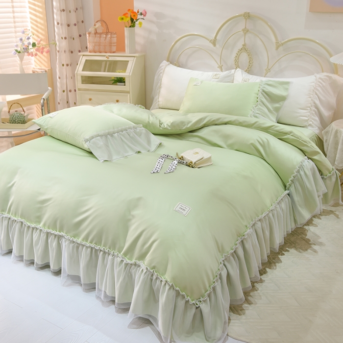 91家纺网 家纺一手货源 找家纺 艾米2025新款水洗真丝双层鱼尾边四件套-梦丽纱系列 水绿