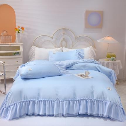 91家纺网 家纺一手货源 找家纺 艾米2025新款水洗真丝双层鱼尾边四件套-梦丽纱系列 天蓝