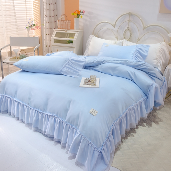 91家纺网 家纺一手货源 找家纺 艾米2025新款水洗真丝双层鱼尾边四件套-梦丽纱系列 天蓝