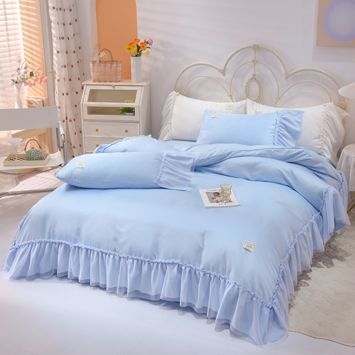 91家纺网 家纺一手货源 找家纺 艾米2025新款水洗真丝双层鱼尾边四件套-梦丽纱系列 天蓝