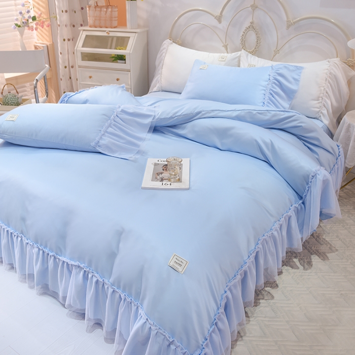 91家纺网 家纺一手货源 找家纺 艾米2025新款水洗真丝双层鱼尾边四件套-梦丽纱系列 天蓝