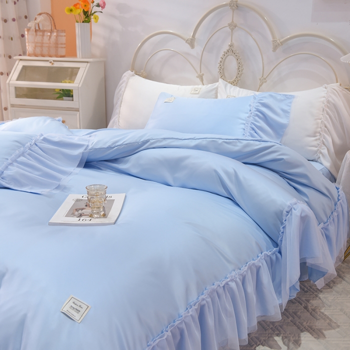 91家纺网 家纺一手货源 找家纺 艾米2025新款水洗真丝双层鱼尾边四件套-梦丽纱系列 天蓝