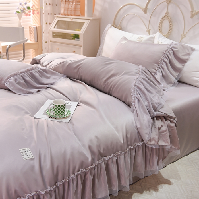 91家纺网 家纺一手货源 找家纺 艾米2025新款水洗真丝双层鱼尾边四件套-梦丽纱系列 香槟