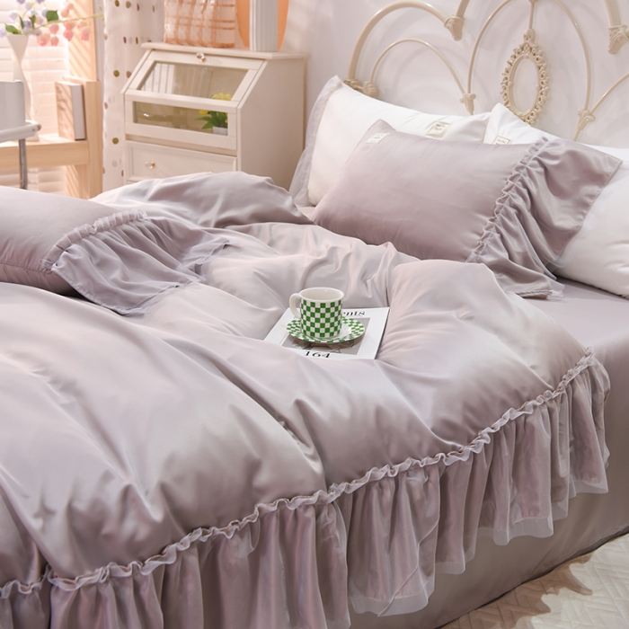 91家纺网 家纺一手货源 找家纺 艾米2025新款水洗真丝双层鱼尾边四件套-梦丽纱系列 香槟