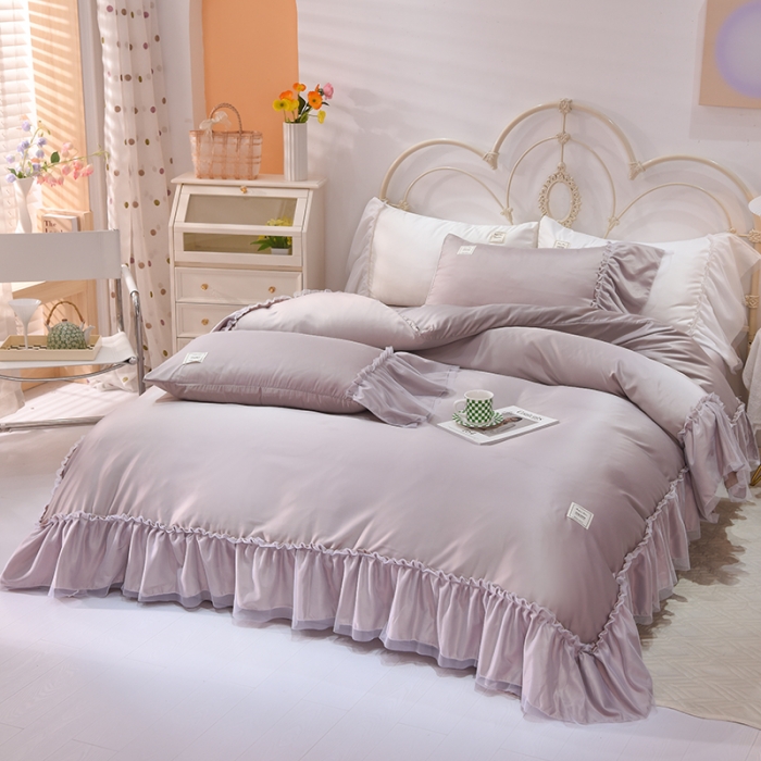 91家纺网 家纺一手货源 找家纺 艾米2025新款水洗真丝双层鱼尾边四件套-梦丽纱系列 香槟