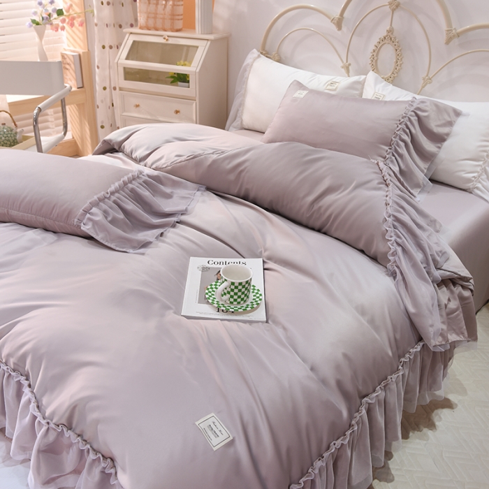 91家纺网 家纺一手货源 找家纺 艾米2025新款水洗真丝双层鱼尾边四件套-梦丽纱系列 香槟