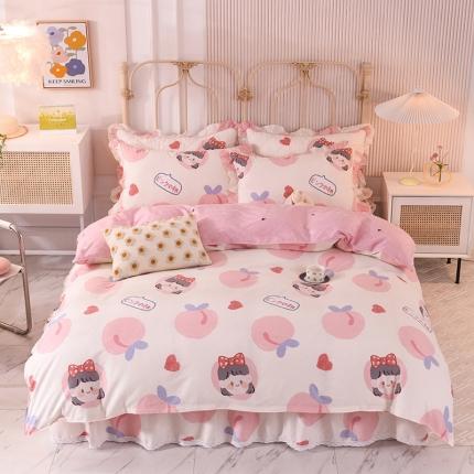 91家纺网 家纺一手货源 找家纺 美达2025全棉蕾丝小花边单层床裙四件套 白桃女孩