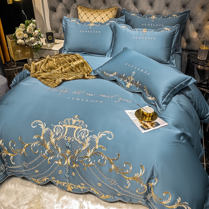 91家纺网 家纺一手货源 找家纺 欧乐蒂 2022新款A版60支水洗真丝B版纯棉四件套欧雅 欧雅-宾利蓝