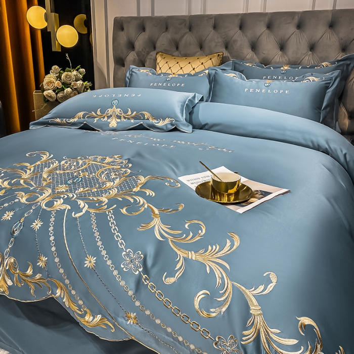 91家纺网 家纺一手货源 找家纺 欧乐蒂 2022新款A版60支水洗真丝B版纯棉四件套欧雅 欧雅-宾利蓝