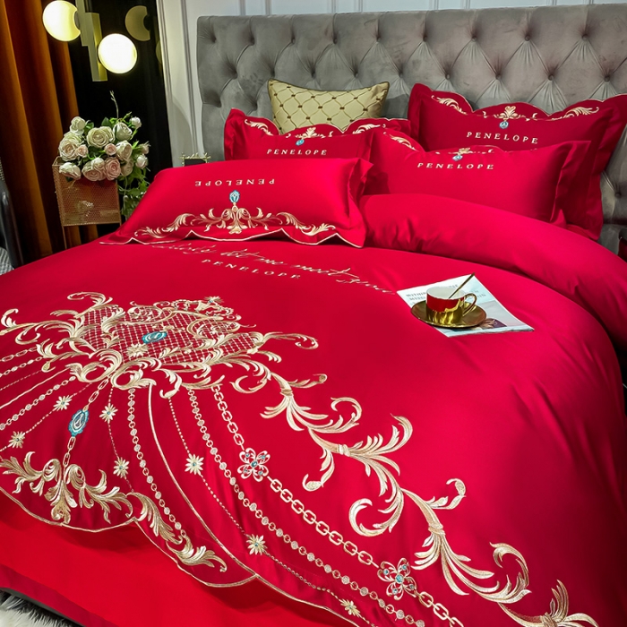 91家纺网 家纺一手货源 找家纺 欧乐蒂 2022新款A版60支水洗真丝B版纯棉四件套欧雅 欧雅-酒红