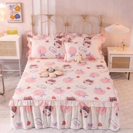 91家纺网 家纺一手货源 找家纺 美达 2025全棉蕾丝小花边夹棉床裙 白桃女孩