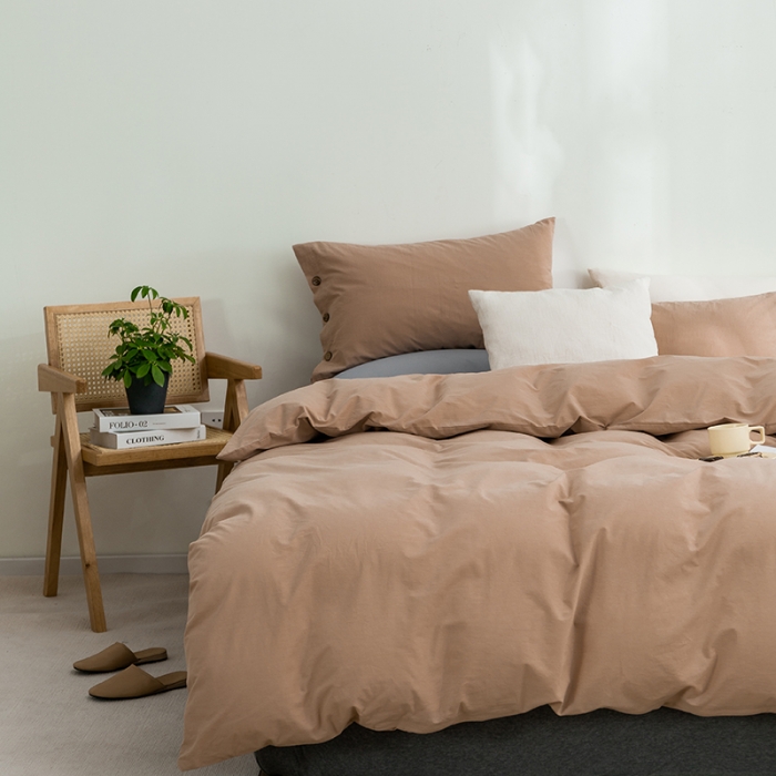 91家纺网 家纺一手货源 找家纺 简宜家居 2022新款纯色水洗棉纽扣款四件套 慕晴-咖