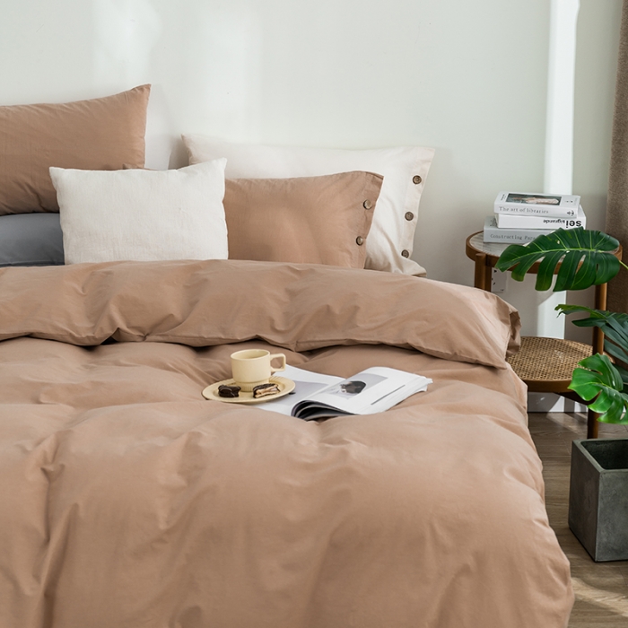 91家纺网 家纺一手货源 找家纺 简宜家居 2022新款纯色水洗棉纽扣款四件套 慕晴-咖