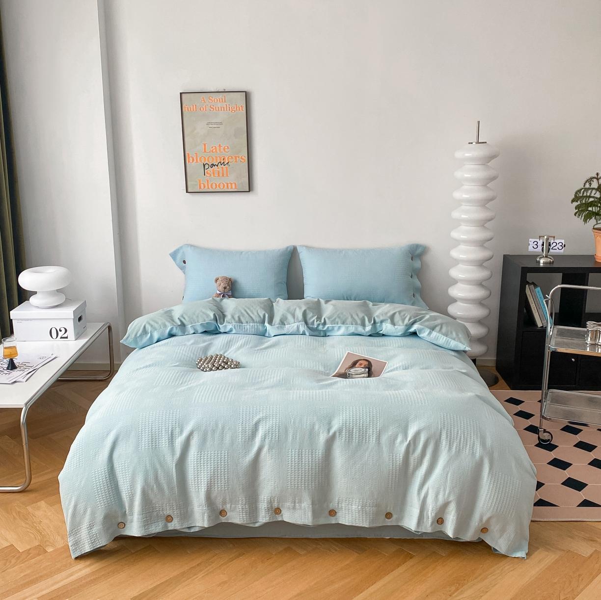 91家纺网 家纺一手货源 找家纺 曼之夏2022新款A类全棉水洗棉沃夫格四件套 沃夫格-婴儿蓝