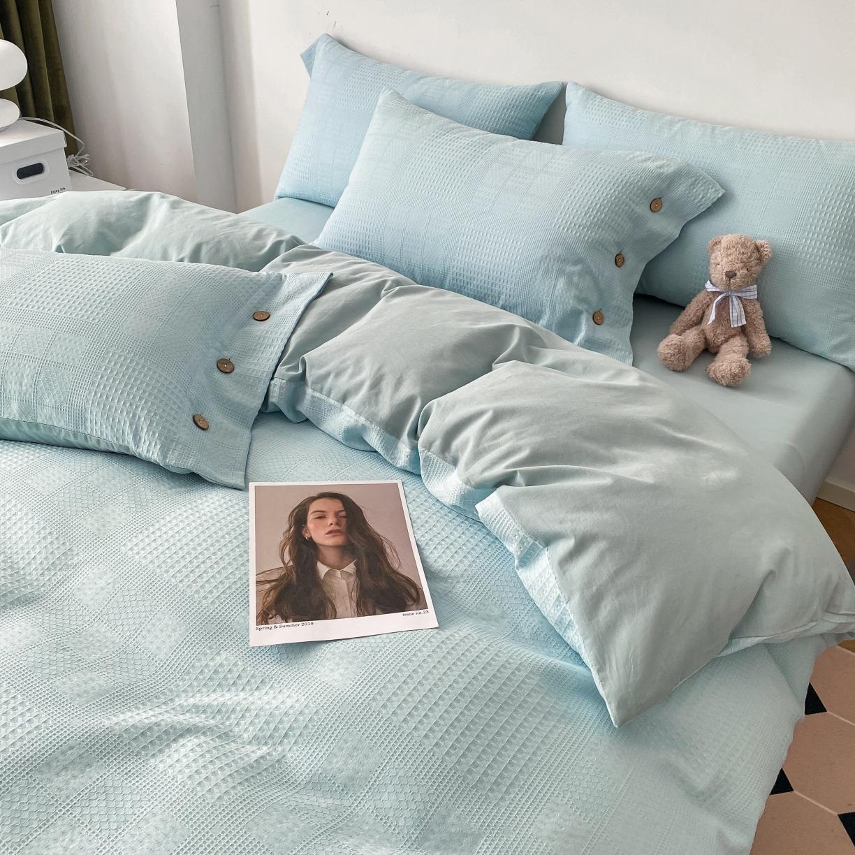 91家纺网 家纺一手货源 找家纺 曼之夏2022新款A类全棉水洗棉沃夫格四件套 沃夫格-婴儿蓝