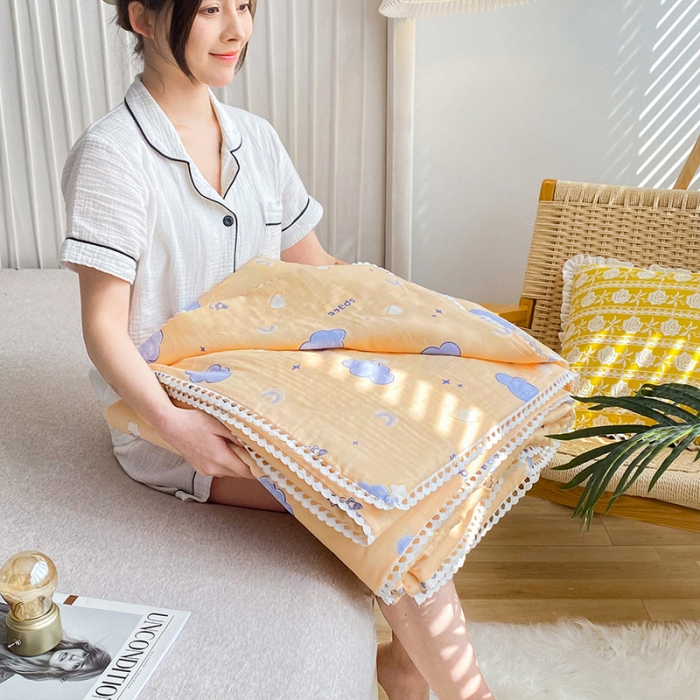 91家纺网 家纺一手货源 找家纺 吾秀家居  2022新款A类全棉有氧双层纱夏被 彩虹云-黄