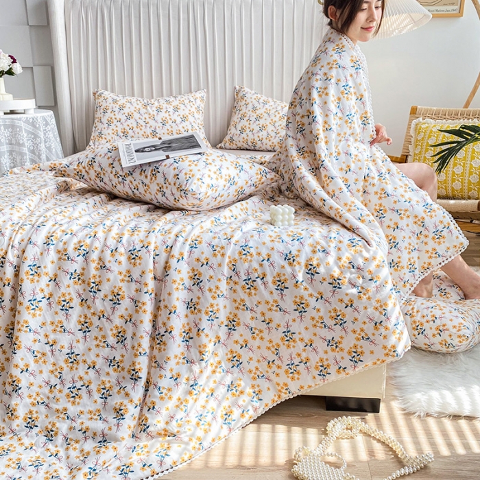 91家纺网 家纺一手货源 找家纺 吾秀家居  2022新款A类全棉有氧双层纱夏被 蝶束花-黄