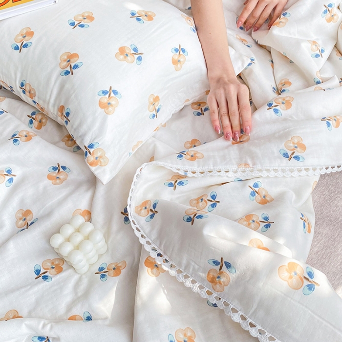 91家纺网 家纺一手货源 找家纺 吾秀家居  2022新款A类全棉有氧双层纱夏被 木棉花