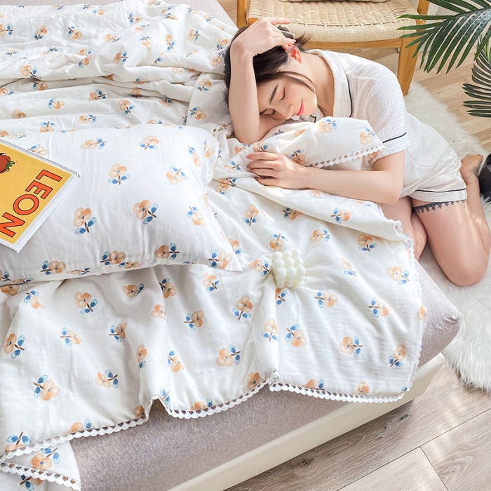 91家纺网 家纺一手货源 找家纺 吾秀家居  2022新款A类全棉有氧双层纱夏被 木棉花