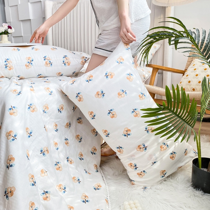 91家纺网 家纺一手货源 找家纺 吾秀家居  2022新款A类全棉有氧双层纱夏被 木棉花