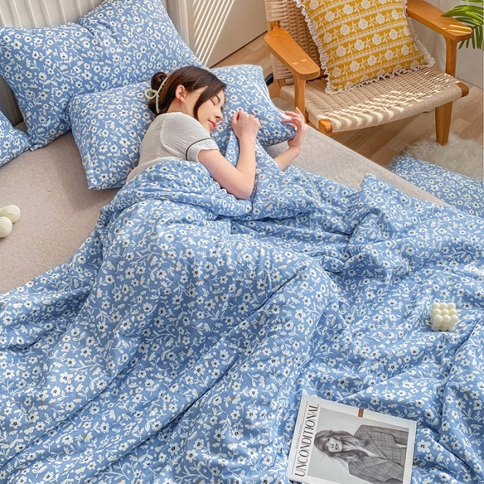 91家纺网 家纺一手货源 找家纺 吾秀家居  2022新款A类全棉有氧双层纱夏被 恬淡-蓝